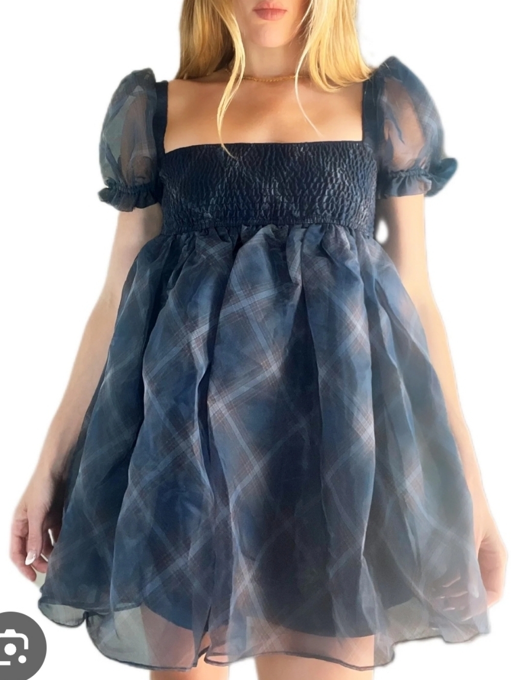 WEWOREWHAT Plaid Organza‎  Smocked Babydoll Croquet Girl Mini Dress Small